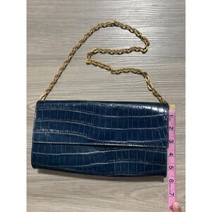Bloomingdale's Embossed Genuine Leather Clutch Handbag Gold Chain‎ Strap Blue